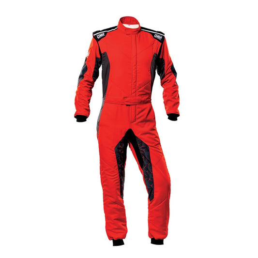 Front view of Red OMP TECNICA HYBRID racing suit with bold red finish, ergonomic design, and high-performance karting style.