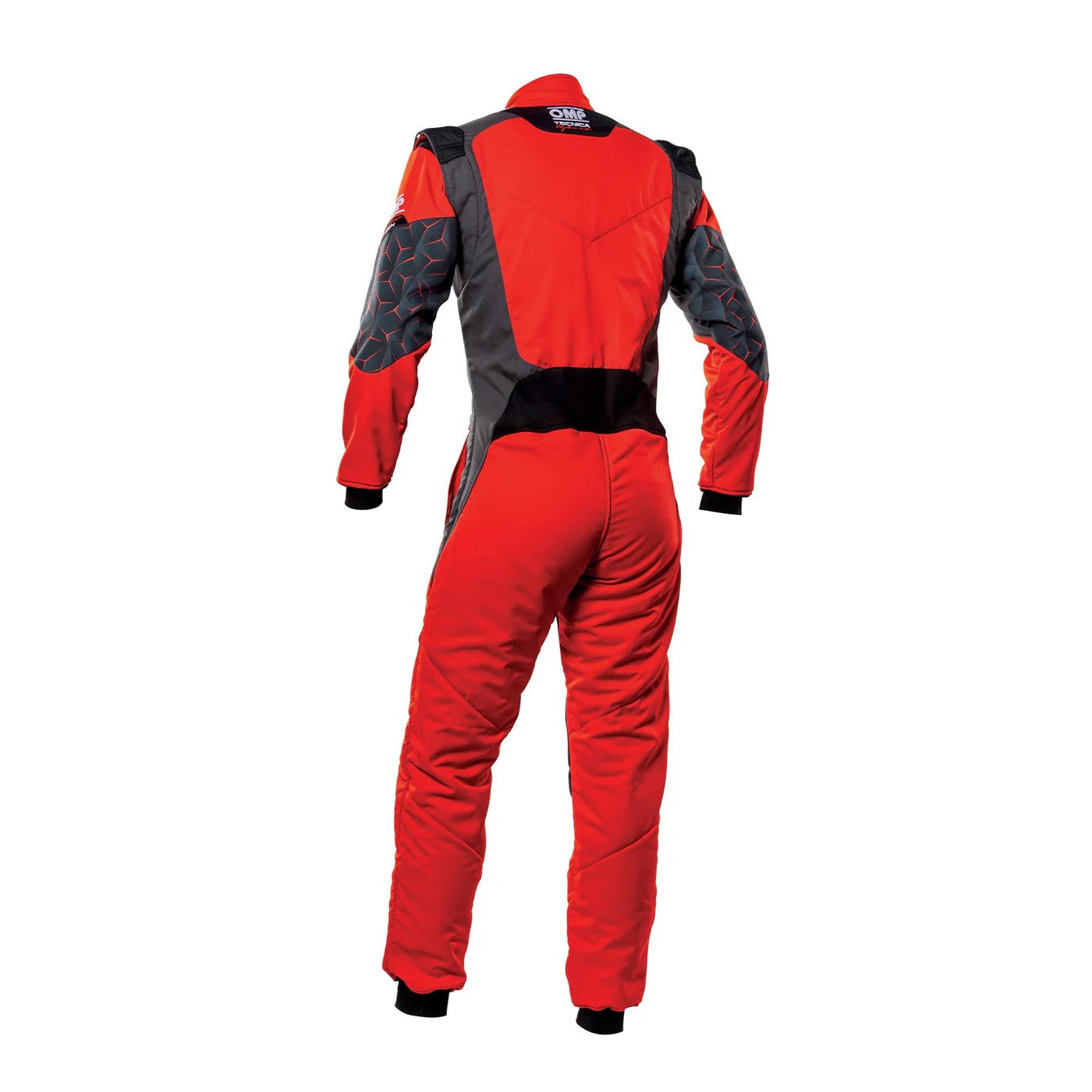 Back view of Red OMP TECNICA HYBRID racing suit showing durable reinforced seams, stretch zones, and comfort lining.