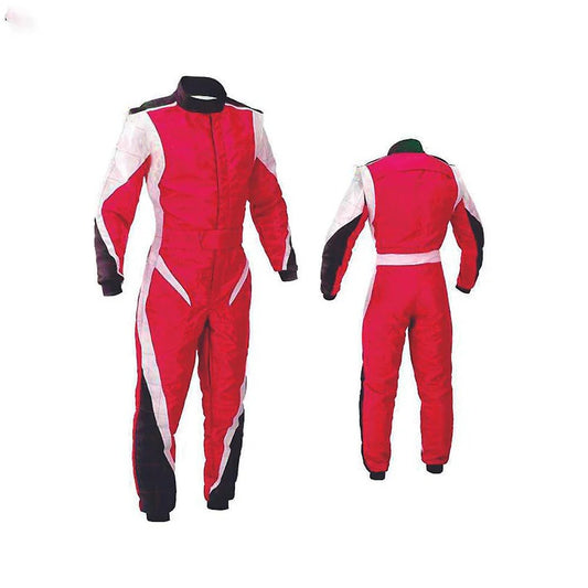 A red racing suit for go karting, displayed from the front and back, with white and black accents and a full zip.