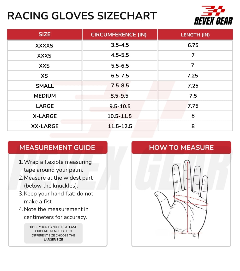 A size chart and measurement guide for Revex Gear racing gloves, showing a size table with glove sizes, circumference and length measurements in inches, plus a hand diagram explaining how to measure.