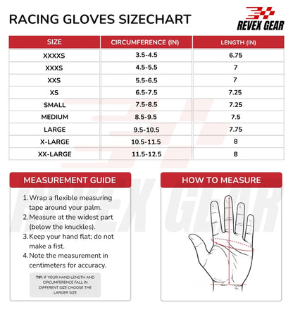 A size chart and measurement guide for Revex Gear racing gloves, showing a size table with glove sizes, circumference and length measurements in inches, plus a hand diagram explaining how to measure.