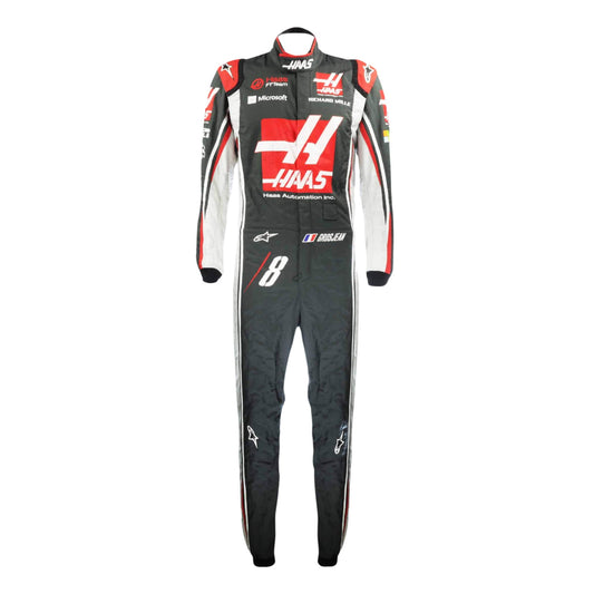 Romain Grosjean’s 2017 F1 racing suit, front view, showcasing embroidered sponsor logos, and performance-driven design tailored for racing.