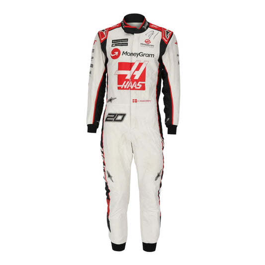 Kevin Magnussen’s 2017 signed Grand Prix F1 racing suit, front view, with embroidered sponsor logos and a sleek, performance-oriented design.
