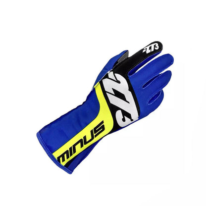Blue racing SNAP minus 273 glove with yellow and black accents on a white background