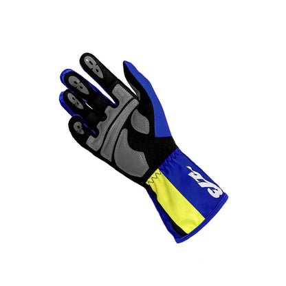 Blue, black, and yellow SNAP minus 273 racing glove on a white background