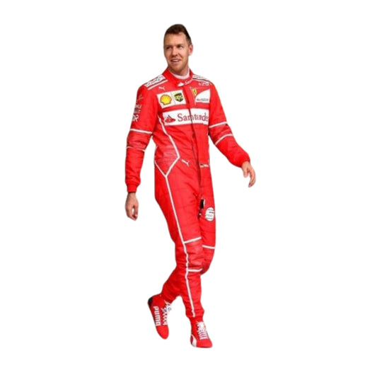 Front view of Sebastian Vettel’s 2017 F1 racing suit in vibrant red with white sponsor logos, showcasing an iconic and aggressive racing style.