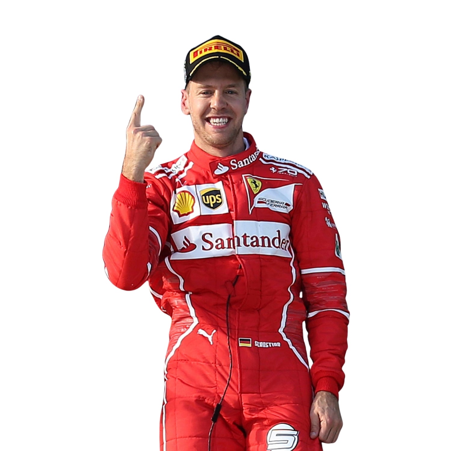 Close-up of Sebastian Vettel’s 2017 racing suit, highlighting the premium red material, detailed stitching, and crisp white sponsorship marks.