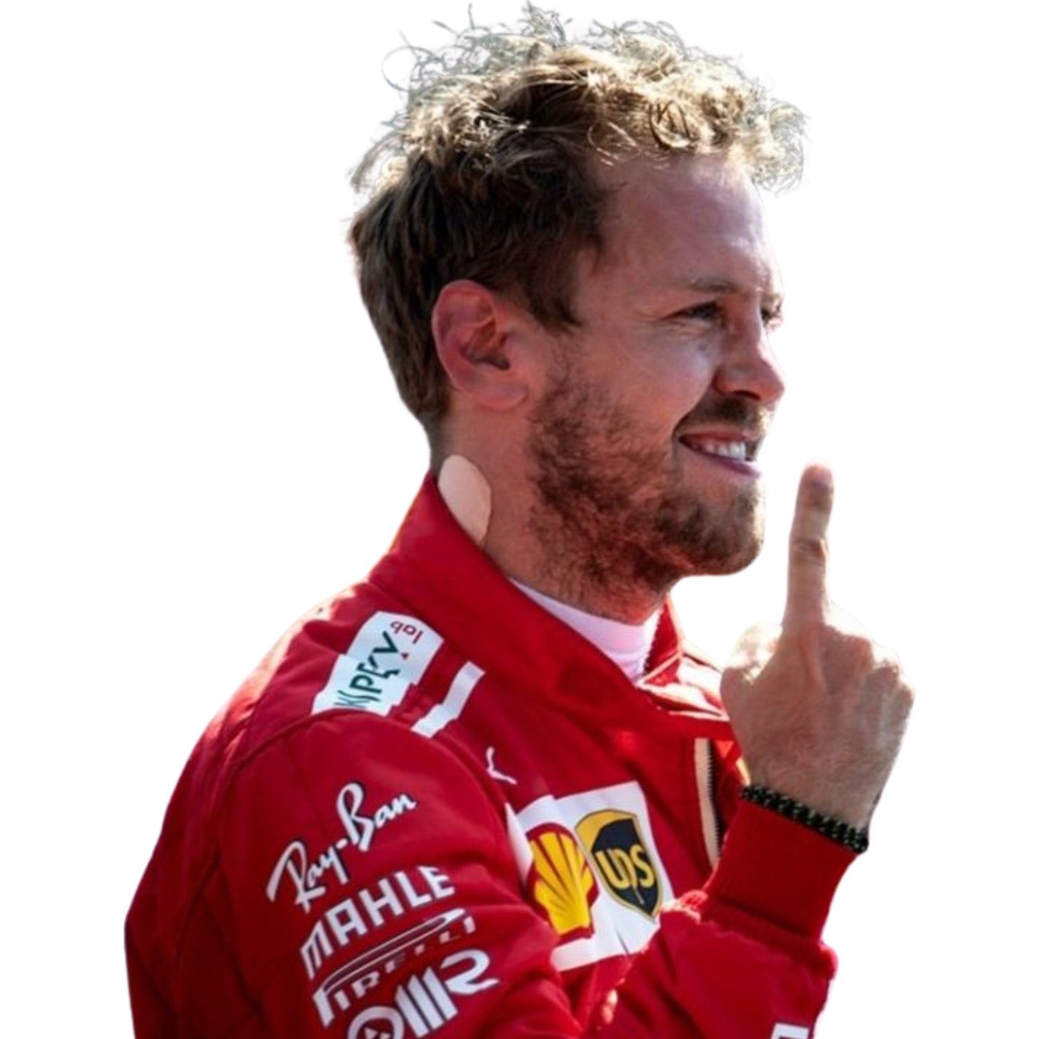 Close-up of Sebastian Vettel’s 2017 racing suit, highlighting the premium red material, detailed stitching, and crisp white sponsorship marks.
