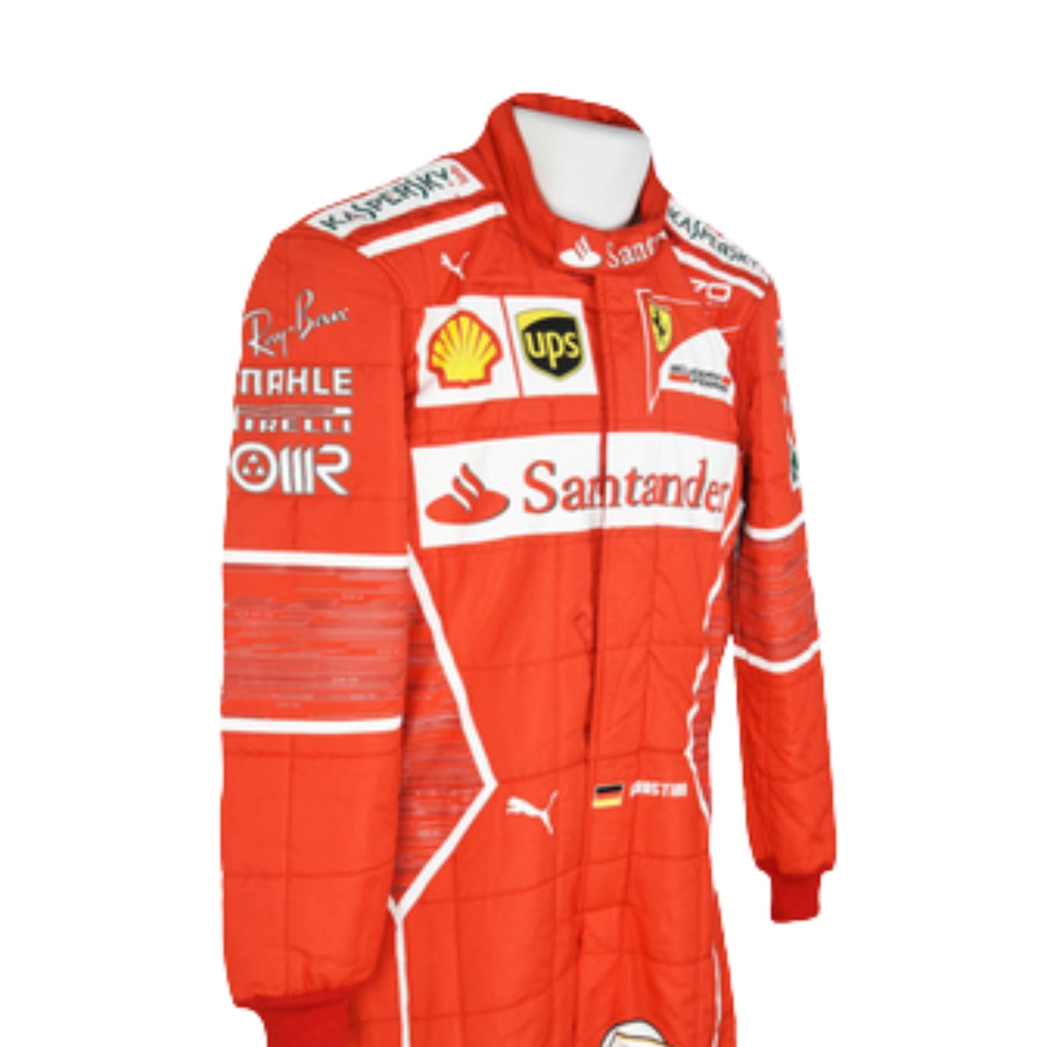 Side profile of Sebastian Vettel’s 2017 F1 racing suit, emphasizing the bold red fabric contrasted with clean white logos along the sleeves.
