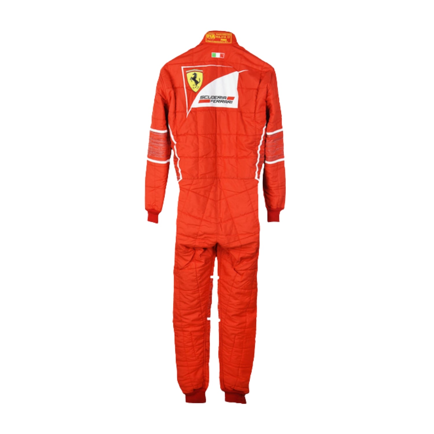 Back view of the 2017 racing suit worn by Sebastian Vettel, dominated by bright red color and neatly arranged white branding patches.