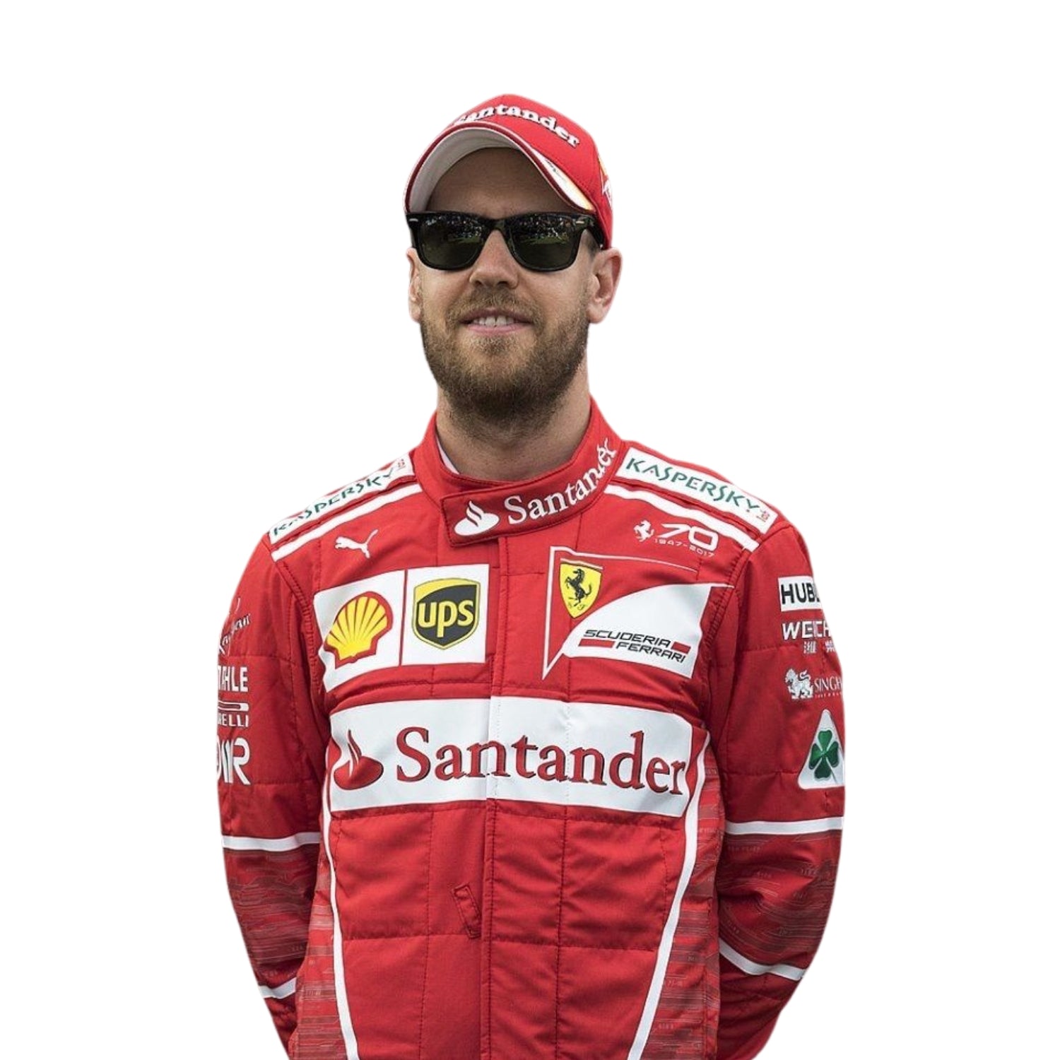 Close-up of Sebastian Vettel’s 2017 racing suit, highlighting the premium red material, detailed stitching, and crisp white sponsorship marks.