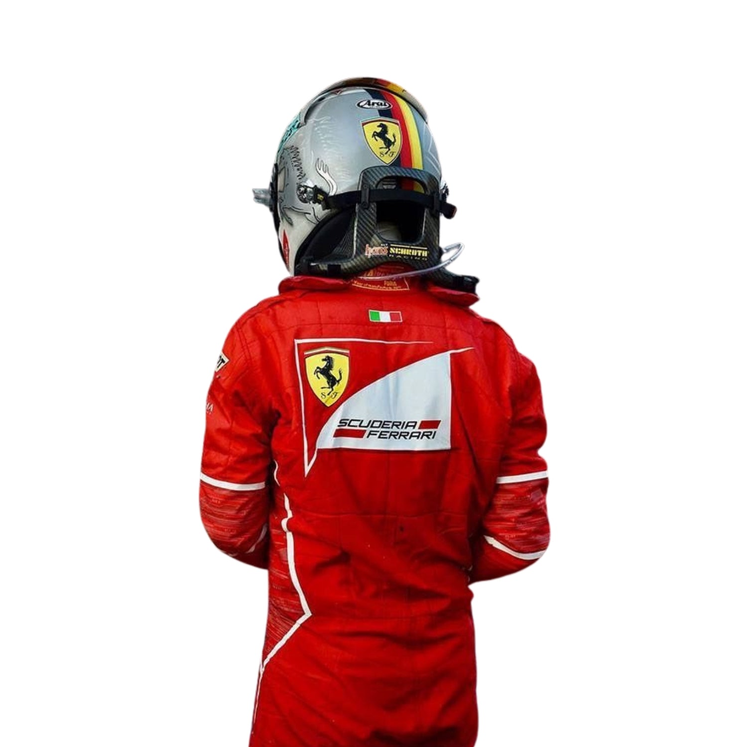 Back view of the 2017 racing suit worn by Sebastian Vettel, dominated by bright red color and neatly arranged white branding patches.