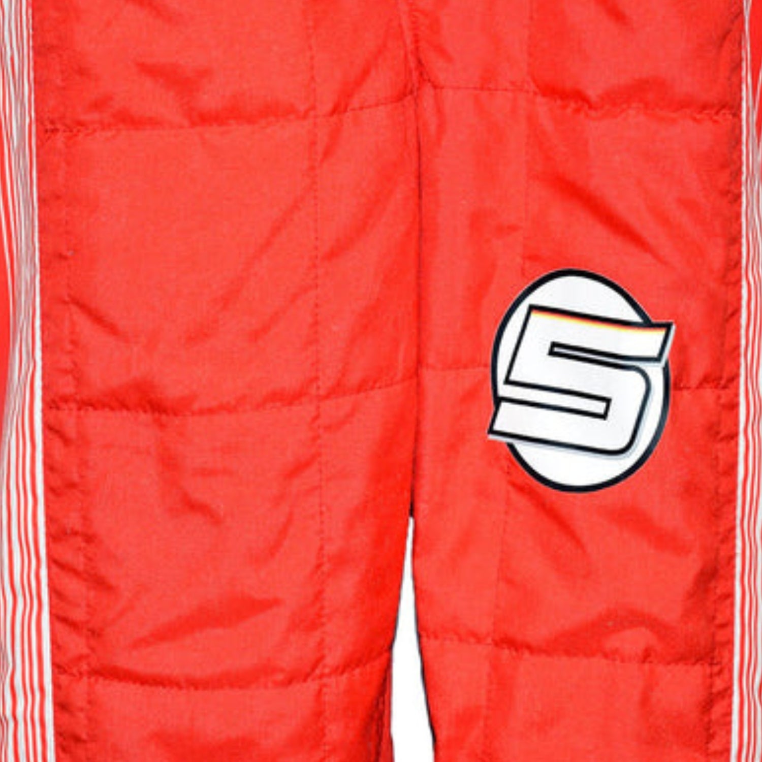 Close-up of Sebastian Vettel’s 2018 racing suit, emphasizing the fine stitching, vivid red texture, and white contrast elements.