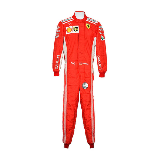 Front view of Sebastian Vettel’s 2018 F1 racing suit featuring a vibrant red color with sharp white sponsor logos, designed for top-tier performance.