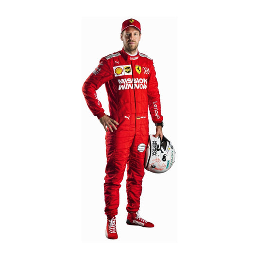 Front view of Sebastian Vettel’s 2019 Brazilian GP racing suit in bright red with bold white sponsor logos, reflecting the speed and precision of the race.