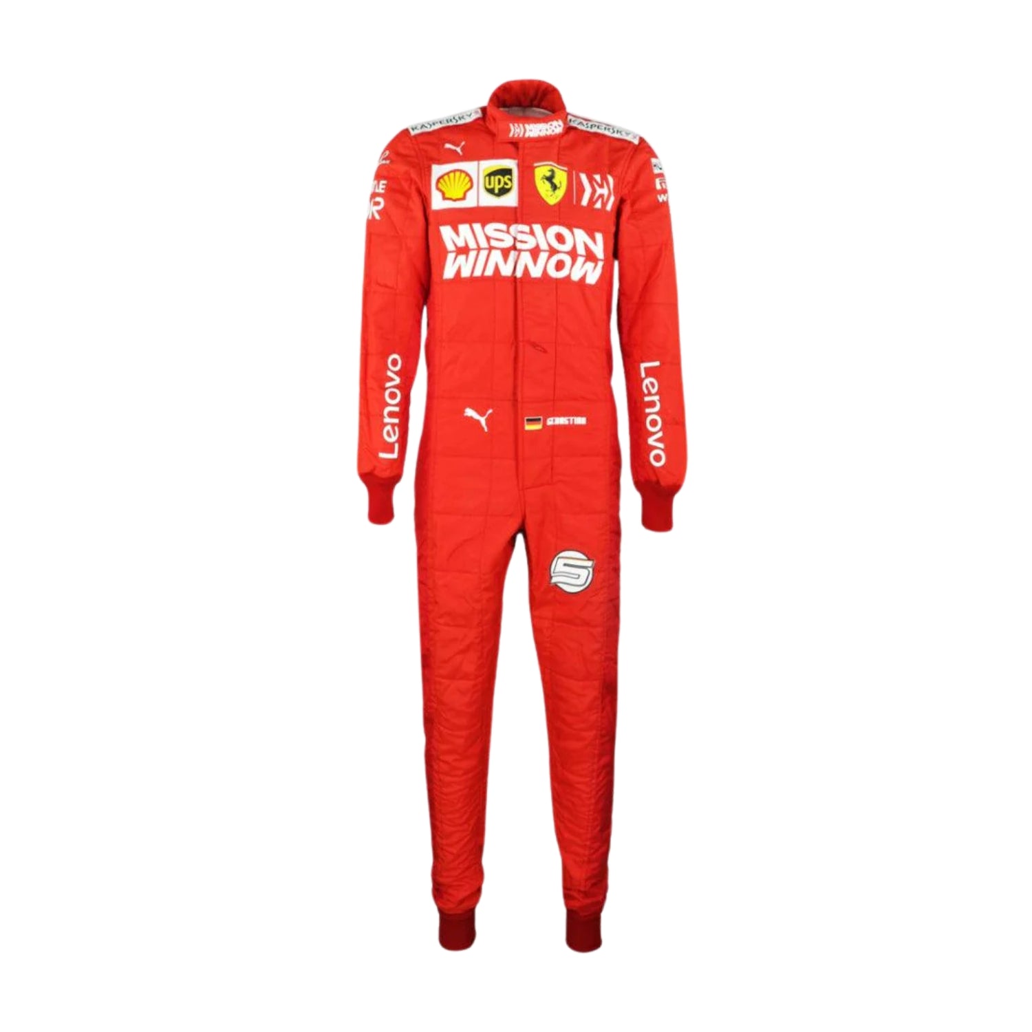 Front view of Sebastian Vettel’s 2019 Brazilian GP racing suit in bright red with bold white sponsor logos, reflecting the speed and precision of the race.