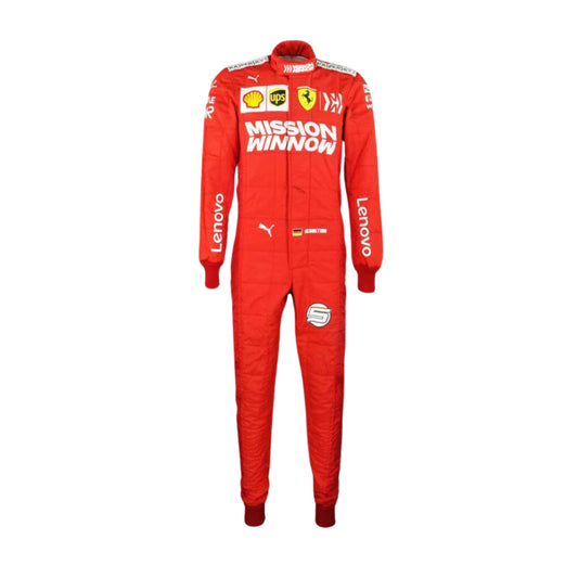 Front view of Sebastian Vettel 2019 F1 racing suit – sleek design with signature race-day details.