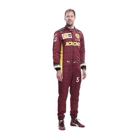 Sebastian Vettel 2020 1000 GP F1 suit front view, deep maroon design with gold detailing and sponsor logos.
