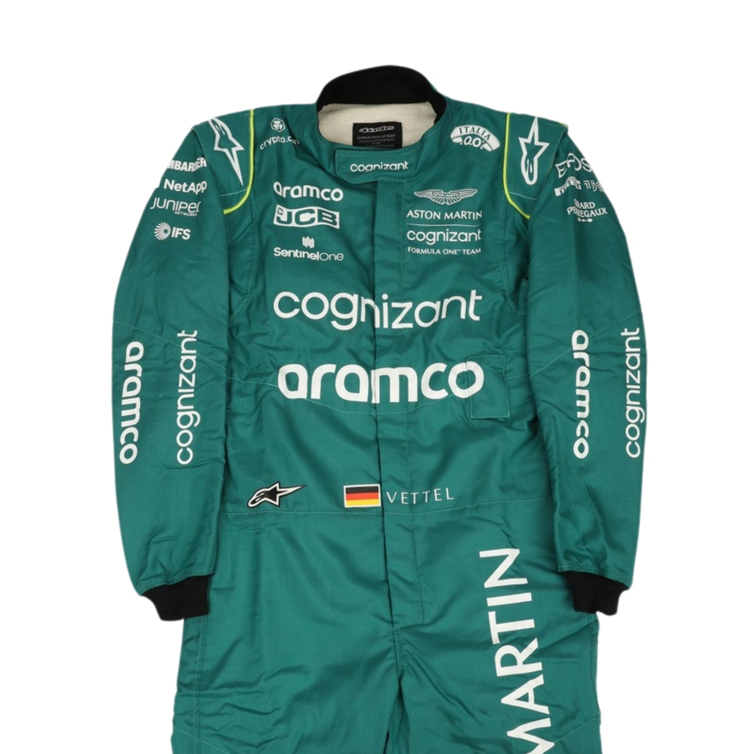 Close up Front view of Sebastian Vettel's 2022 F1 racing suit in British racing green with lime accents, highlighting the ergonomic design