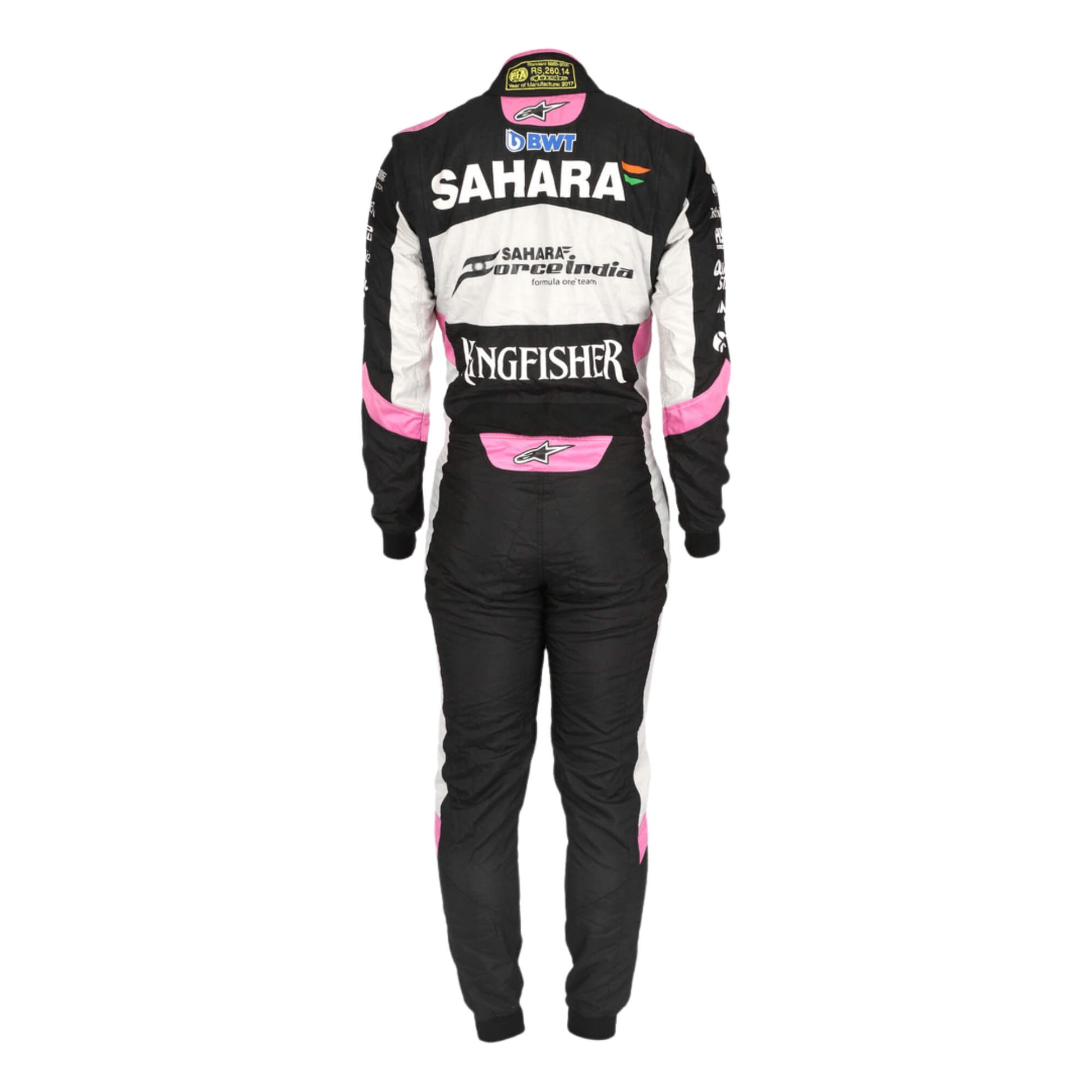 Back view of Sergio Perez 2017 racing suit showing name placement, number design, and multi-logo layout
