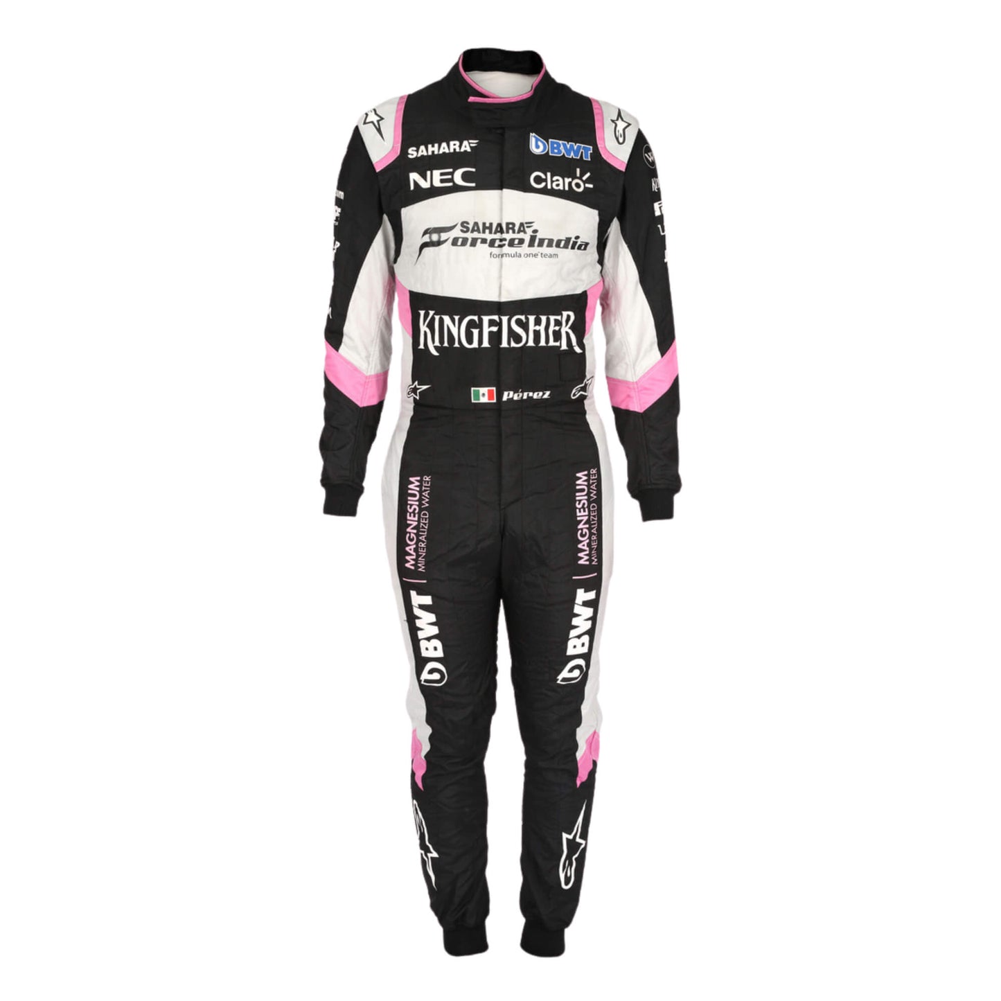 Front view of Sergio Perez 2017 F1 racing suit in black and pink, featuring full zipper and detailed sponsor embroidery