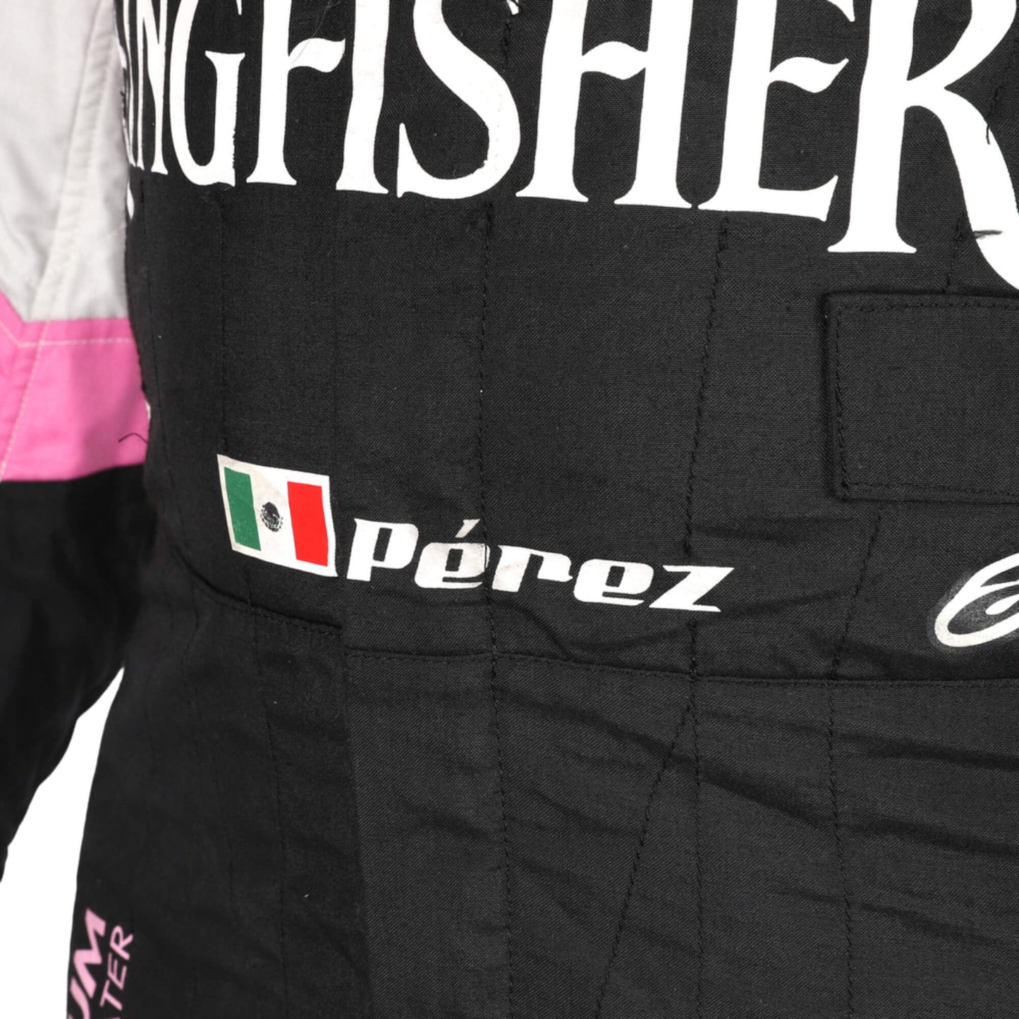 Detailed Sleeve View of Sergio Perez 2017 Force India F1 Suit with Sponsor Patches and Stitching
