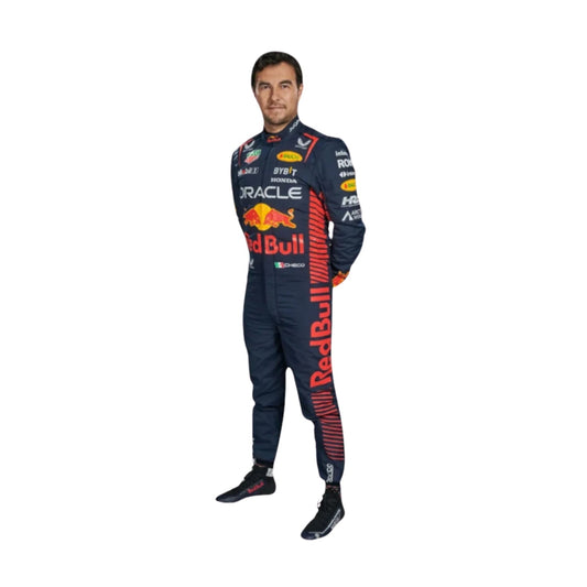 Sergio Perez wearing the 2023 racing suit featuring navy blue as the base color with vibrant red and yellow detailing, aerodynamic fit, and personalized branding elements.
