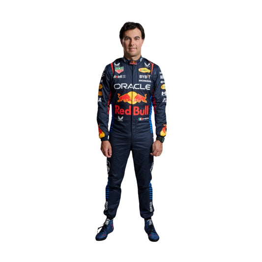 Front view of the Sergio Perez 2024 F1 racing suit, showcasing its sleek design with high-performance fabric and a modern color scheme for racing