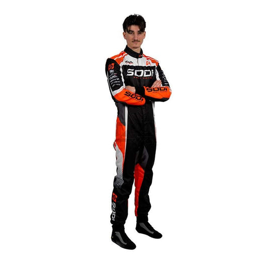 Front view of Sodi OMP go-kart race suit featuring aerodynamic fit, lightweight material, and bold racing graphics for professional karting.