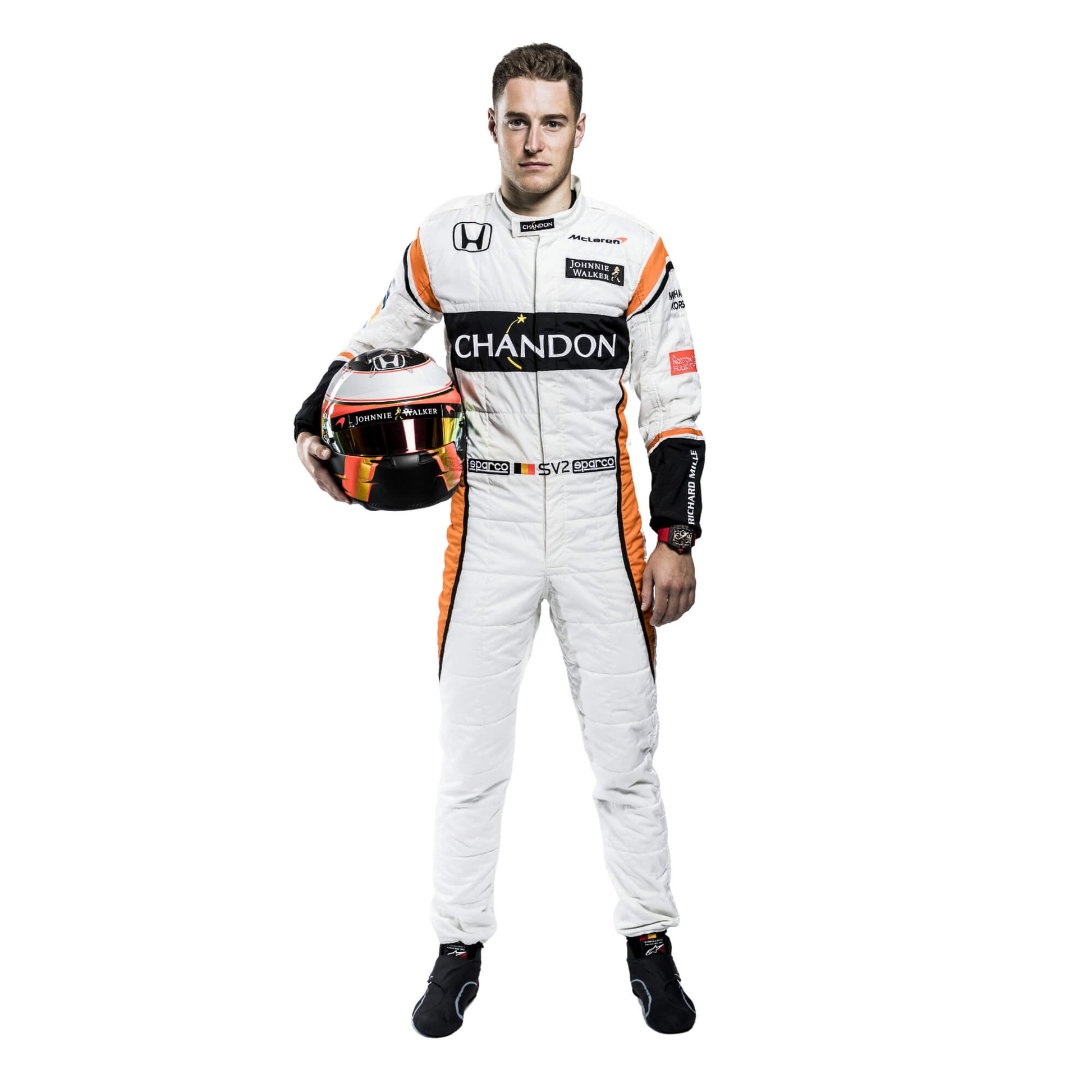 Full-body view of Stoffel Vandoorne’s 2017 racing suit, with sponsor logos and ergonomic design for ultimate performance
