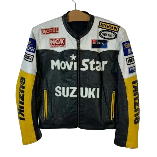 Suzuki Black And Yellow Motorbike Leather Racing Jacket