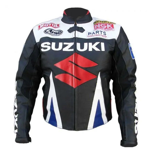Suzuki Black/Blue Motorbike Leather Racing Jacket with Safety Pads