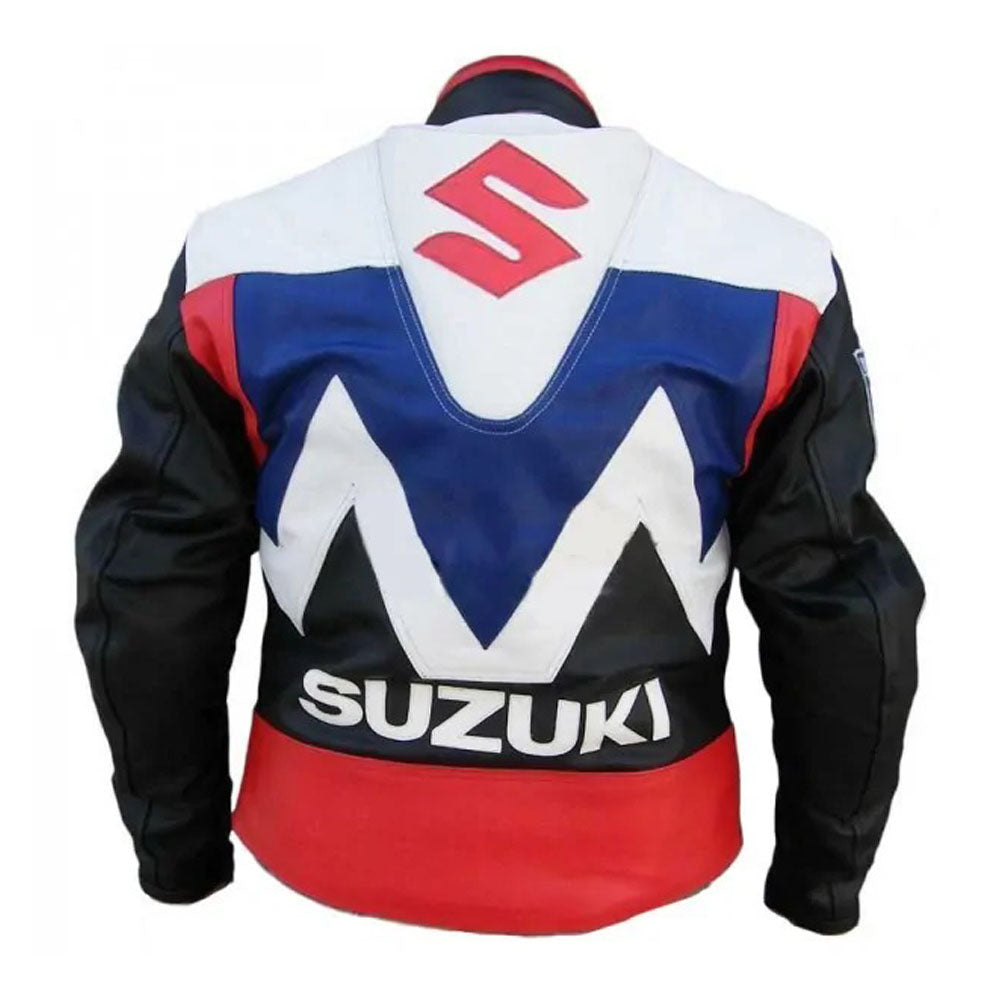 Suzuki Black/Blue Motorbike Leather Racing Jacket with Safety Pads