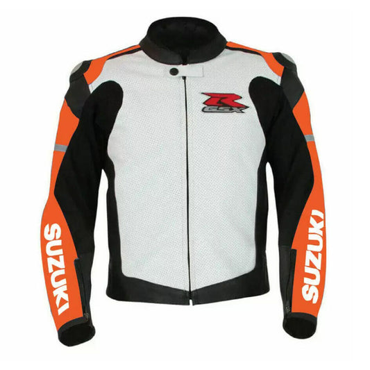 Suzuki GSXR Orange and White Motorbike Leather Racing Jacket