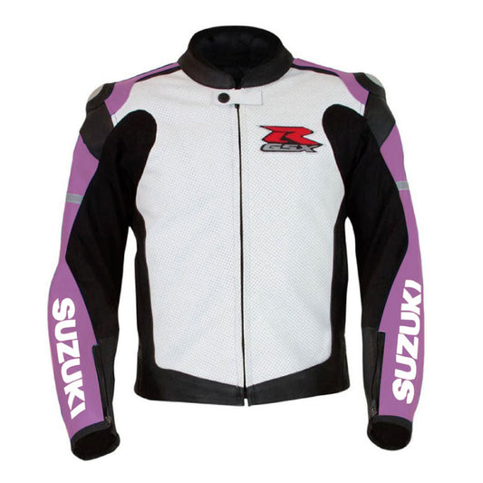 Suzuki GSXR Purple and White Motorbike Leather Racing Jacket