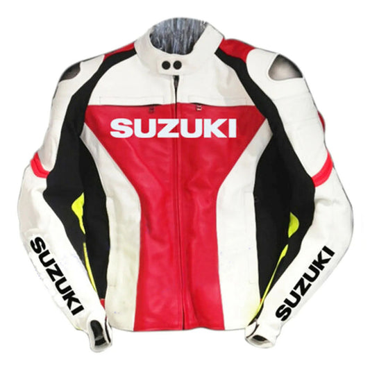 Suzuki GSXR Red And White Safety Pads Motorbike Leather Racing Jacket