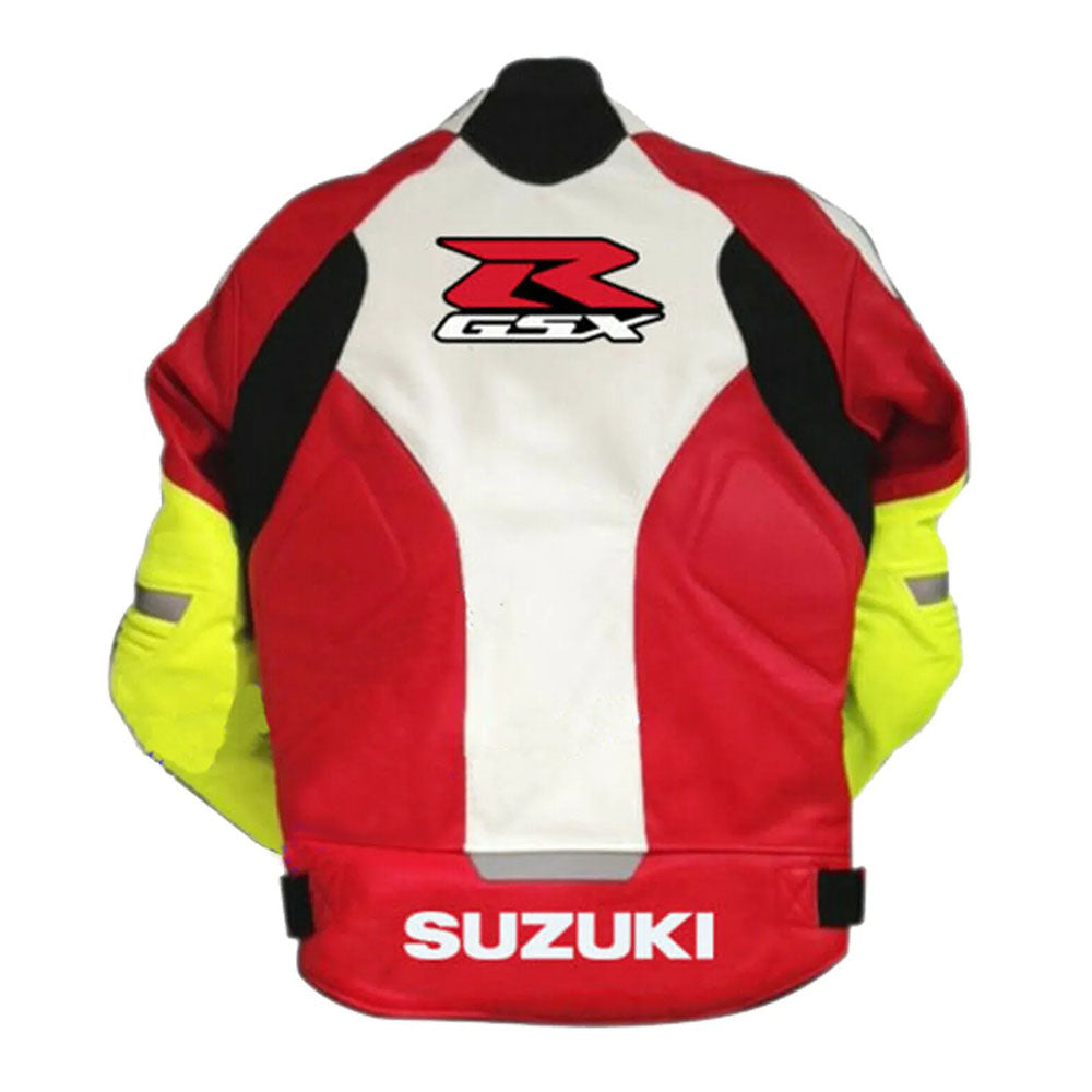 Suzuki GSXR Red And White Safety Pads Motorbike Leather Racing Jacket