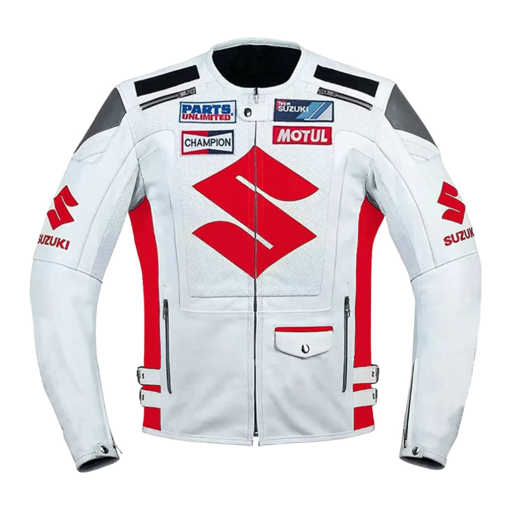 Suzuki Motorbike Racing White And Red Leather Jacket