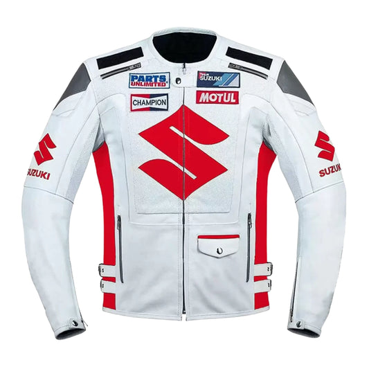 Suzuki Motorbike Racing White And Red Leather Jacket