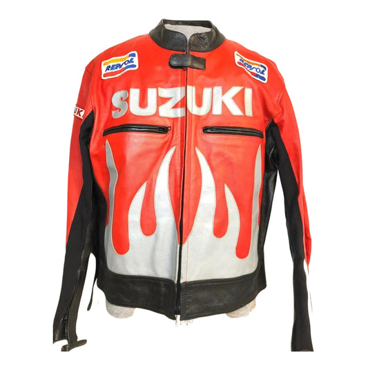 Suzuki Red And White Motorbike Leather Racing Jacket With flames