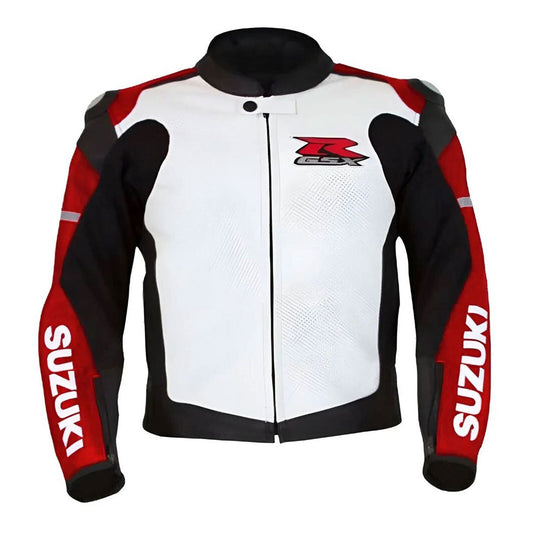 Suzuki red and white GSXR Motorbike Leather Racing Jackets CE Pads