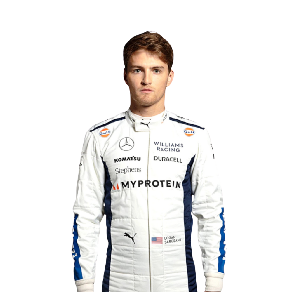  A portrait of Logan Sargeant  in his 2024 Williams F1 racing suit.