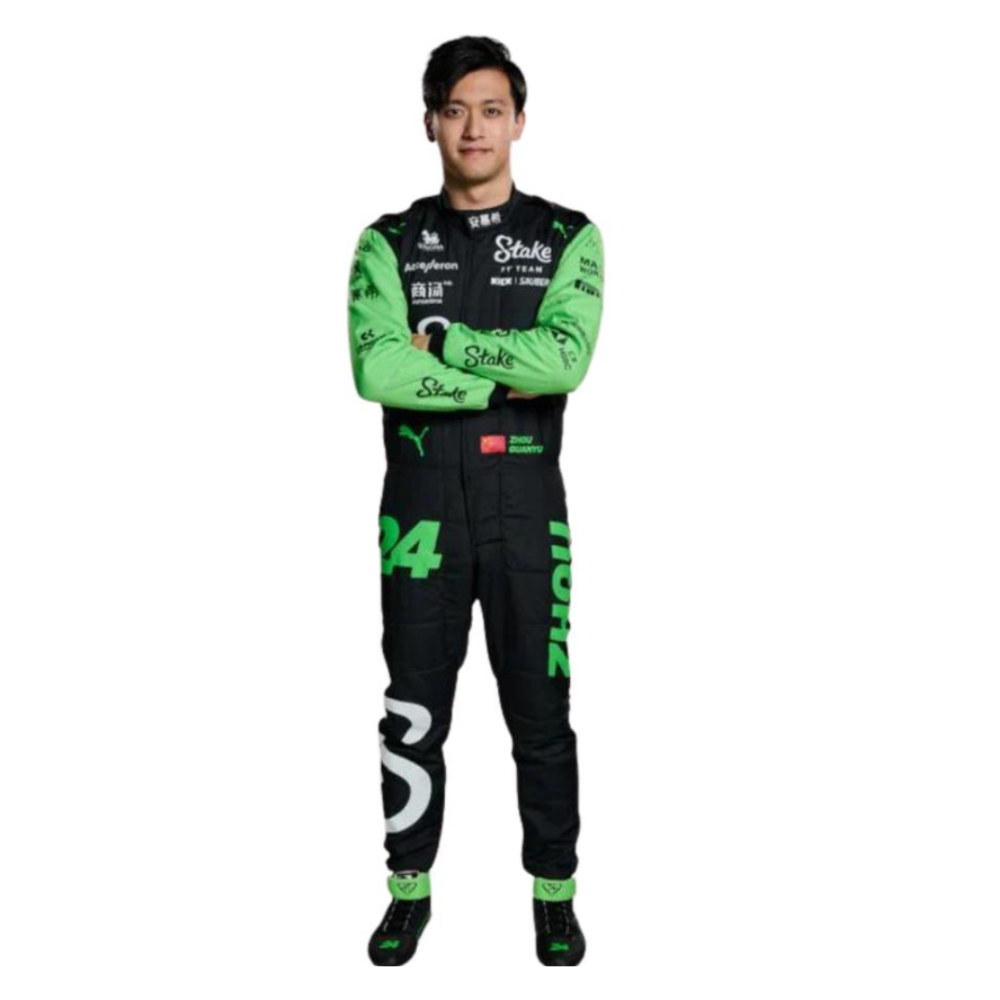 Guanyu Zhou wearing the Alfa Romeo F1 Racing Suit, exuding confidence on race day.