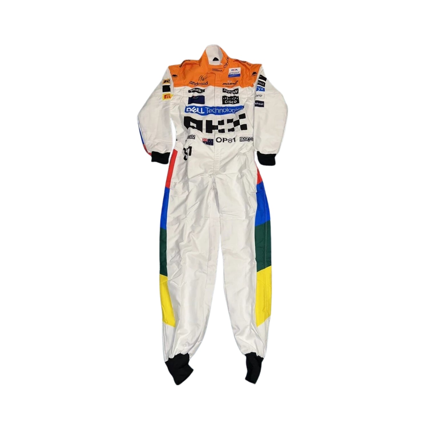 Oscar Piastri’s 2023 Silverstone racing suit featuring a dynamic layout with national flag elements and performance-driven design aesthetics.