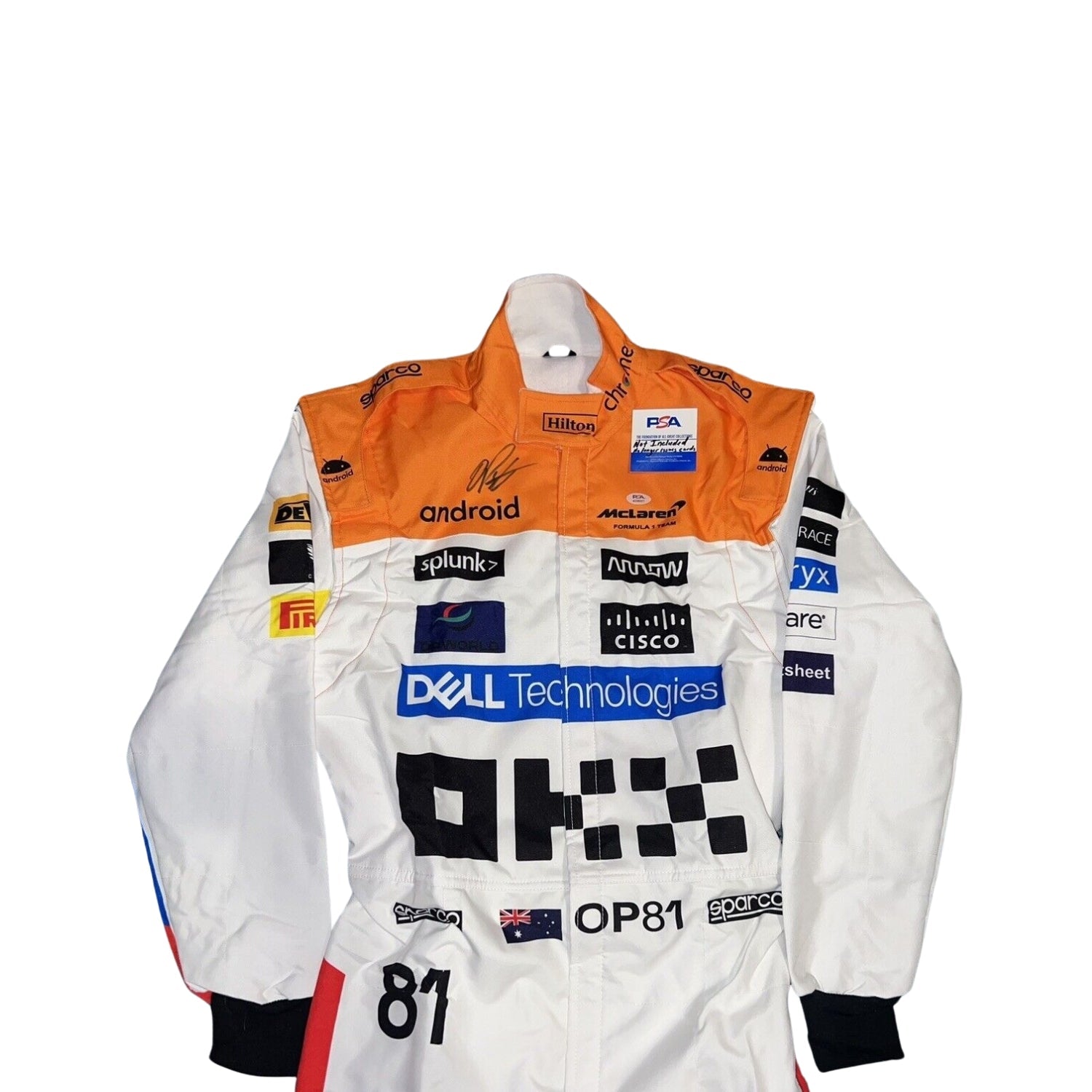 Close-up of Piastri’s Silverstone suit from the 2023 F1 season, showcasing high-definition logo embroidery and precision stitching.