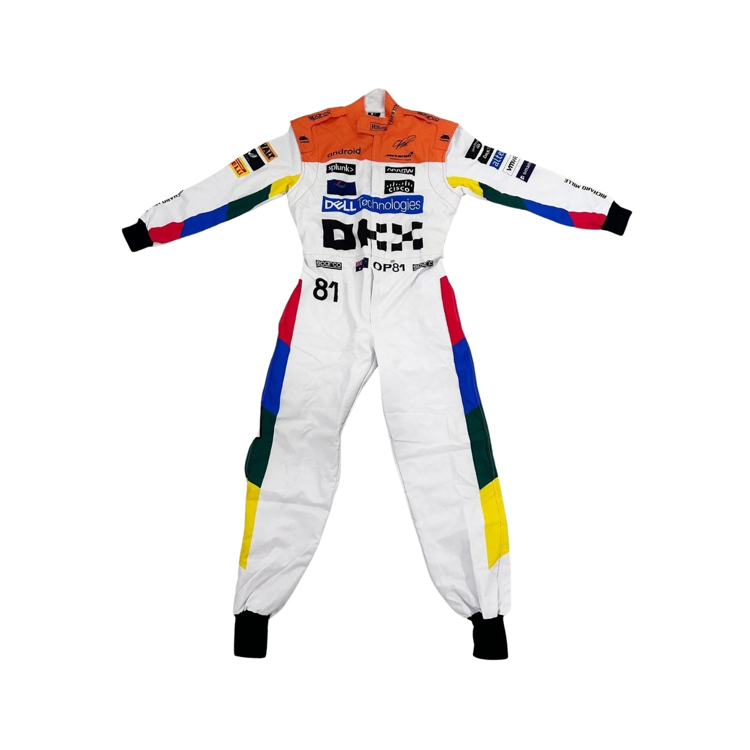 Oscar Piastri’s 2023 Silverstone racing suit featuring a dynamic layout with national flag elements and performance-driven design aesthetics.