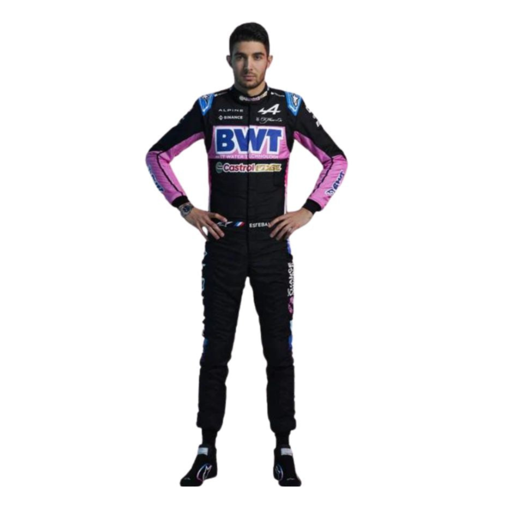 Esteban Ocan wearing the Alpine F1 Racing Suit, striking a confident pose.