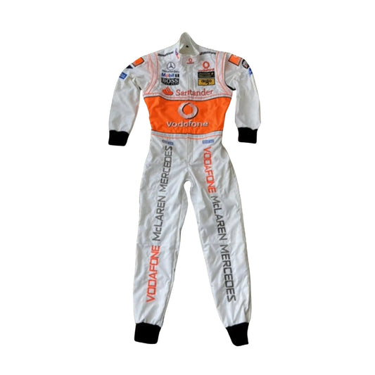 Front view of Lewis Hamilton's 2008 Vodafone race suit, showcasing the vibrant red and white design with detailed embroidered sponsor logos on premium fabric.