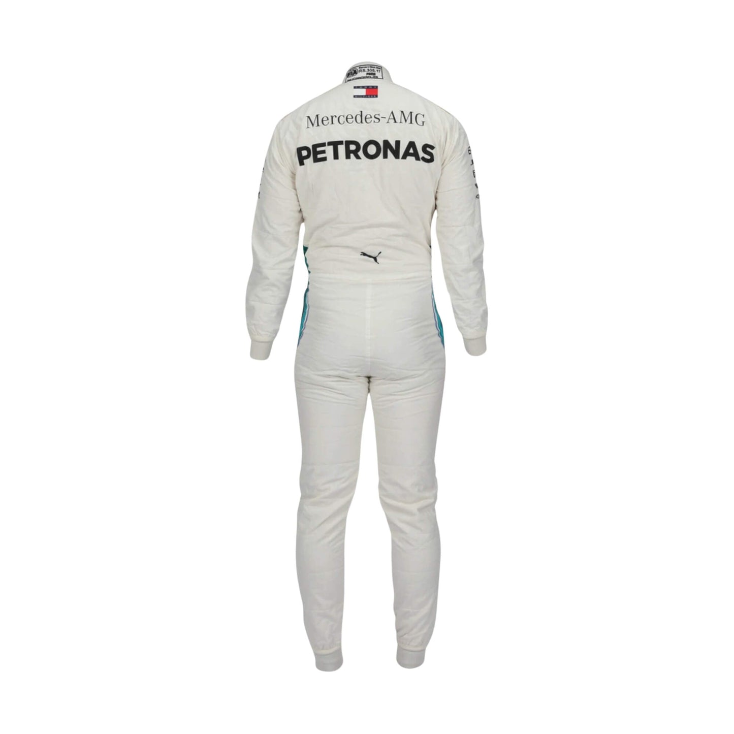 Back view of Valtteri Bottas’s 2018 F1 racing suit, highlighting embroidered sponsor logos, performance-oriented design, and breathable fabric for long races.