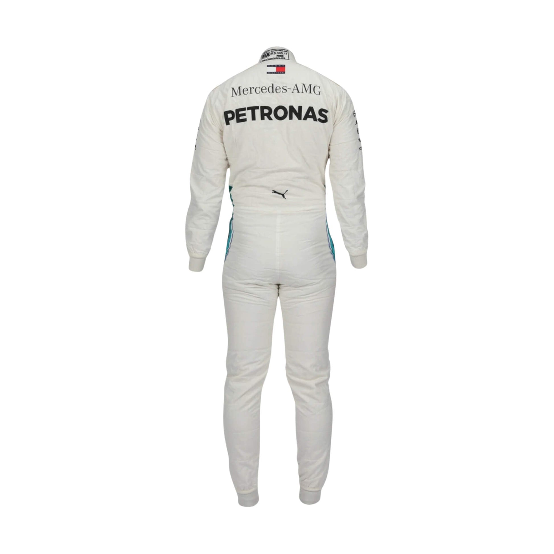 Back view of Valtteri Bottas’s 2018 F1 racing suit, highlighting embroidered sponsor logos, performance-oriented design, and breathable fabric for long races.